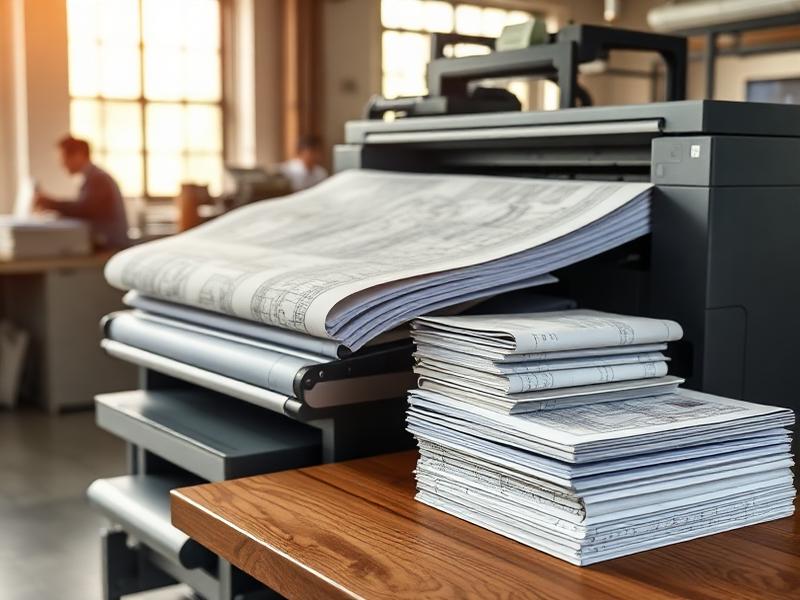 Industrial wide-format printer with stacked blueprints